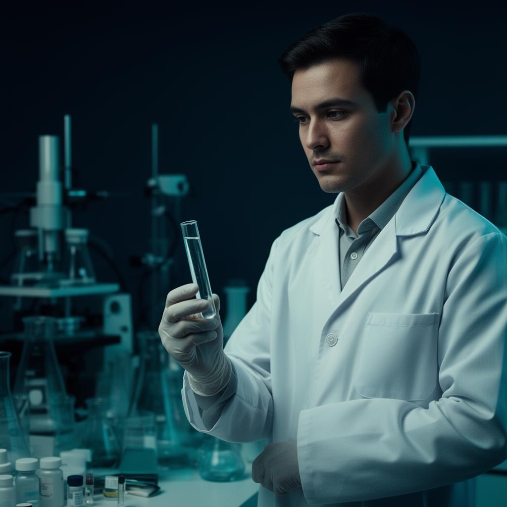 Researcher examining a peptide vial in a modern laboratory